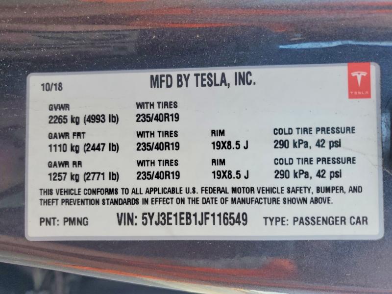 Aukcja sprzedaży 2018 Tesla Model 3, vin: 5YJ3E1EB1JF116549, numer aukcji: 50549696