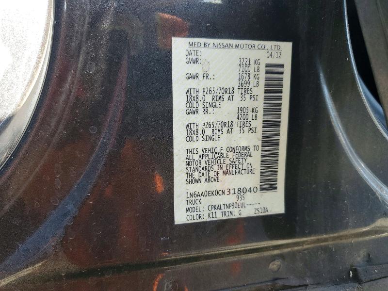 54462316 :رقم المزاد ، 1N6AA0EK0CN318040 vin ، 2012 Nissan Titan مزاد بيع