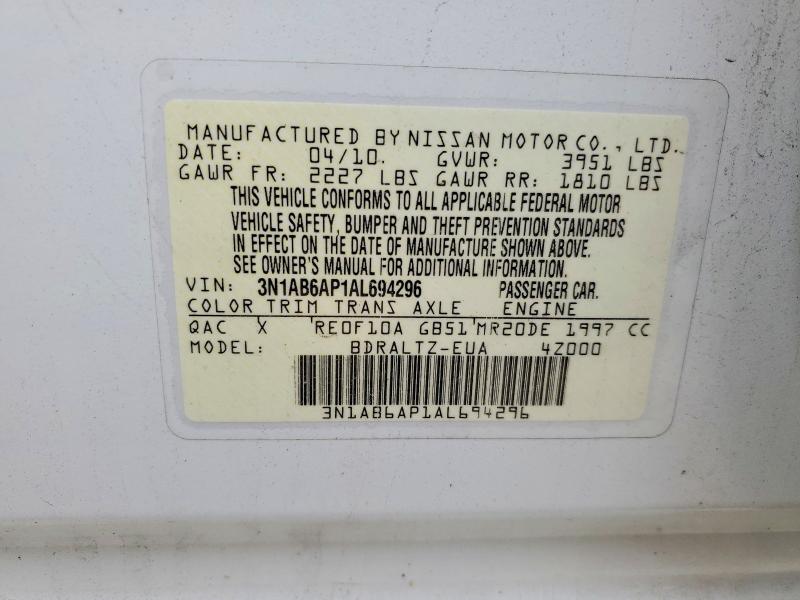 53580246 :رقم المزاد ، 3N1AB6AP1AL694296 vin ، 2010 Nissan Sentra مزاد بيع