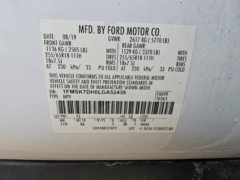 2020 Ford Explorer მანქანა იყიდება აუქციონზე, vin: 1FMSK7DH0LGA52439, აუქციონის ნომერი: 54065926