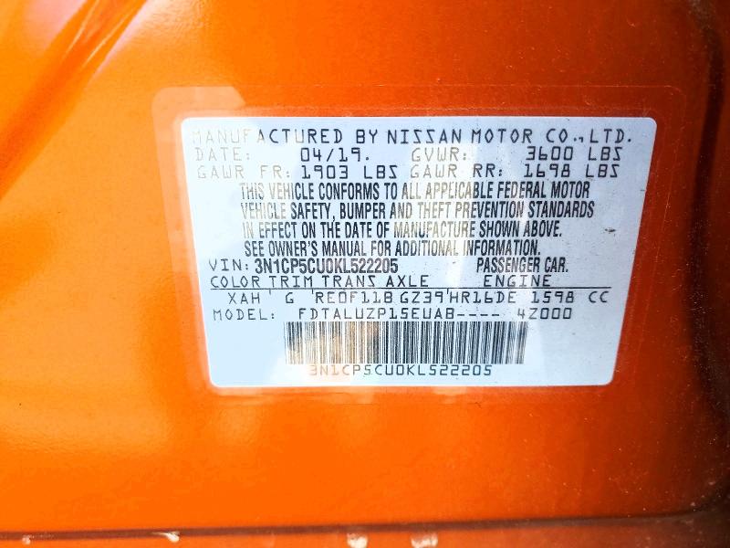 52830876 :رقم المزاد ، 3N1CP5CU0KL522205 vin ، 2019 Nissan Kicks مزاد بيع