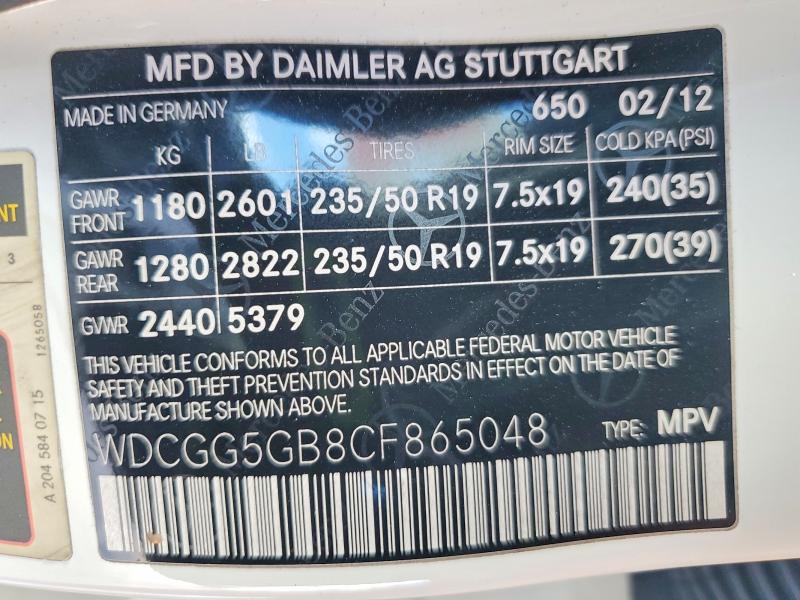 Aukcja sprzedaży 2012 Mercedes-benz Glk, vin: WDCGG5GB8CF865048, numer aukcji: 52093936