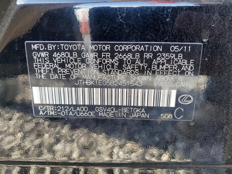 54666126 :رقم المزاد ، JTHBK1EG5B2451543 vin ، 2011 Lexus Es مزاد بيع
