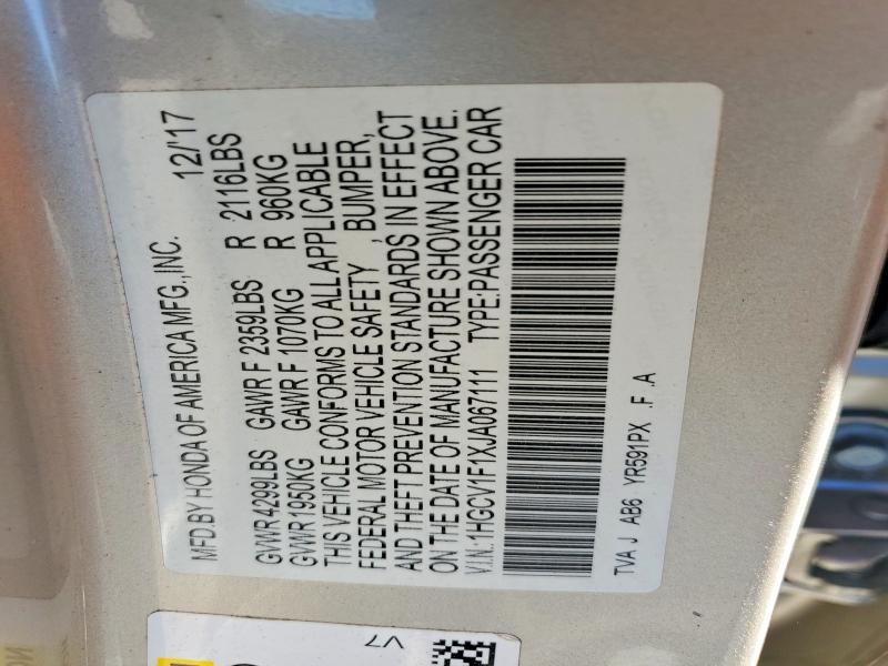Aukcja sprzedaży 2018 Honda Accord, vin: 1HGCV1F1XJA067111, numer aukcji: 53028546