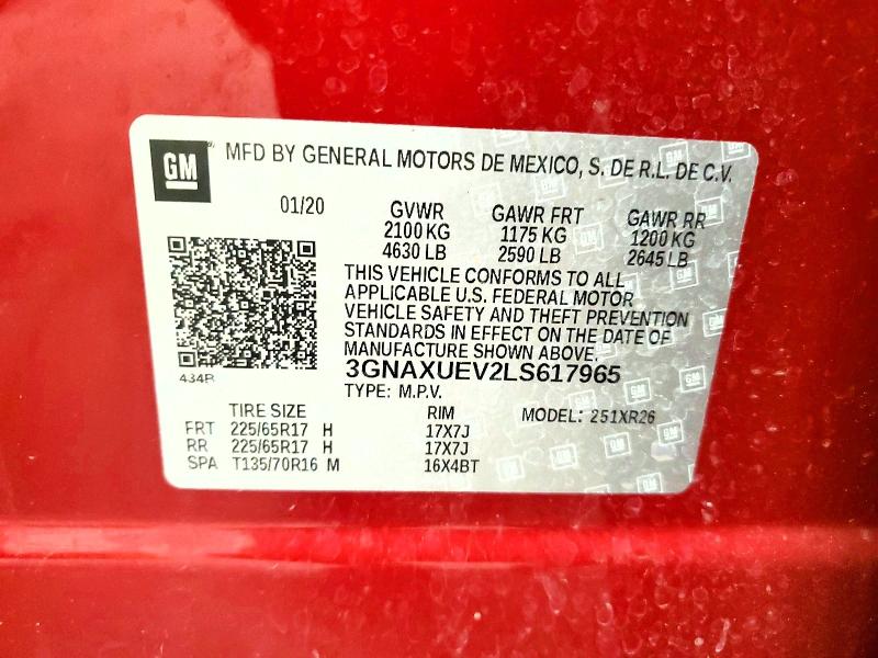 52802886 :رقم المزاد ، 3GNAXUEV2LS617965 vin ، 2020 Chevrolet Equinox مزاد بيع