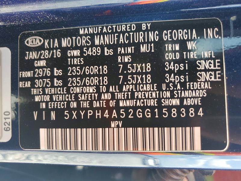 52097316 :رقم المزاد ، 5XYPH4A52GG158384 vin ، 2016 Kia Sorento مزاد بيع