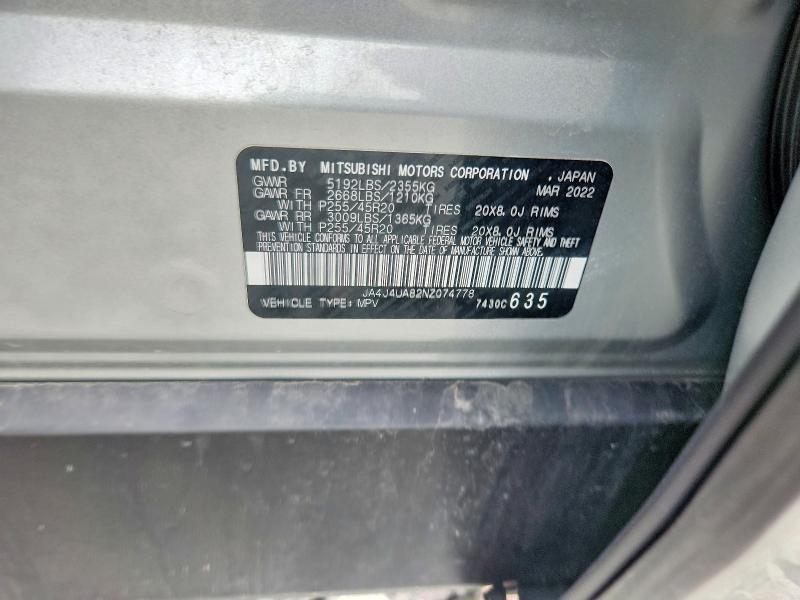 2022 Mitsubishi Outlander მანქანა იყიდება აუქციონზე, vin: JA4J4UA82NZ074778, აუქციონის ნომერი: 53909396