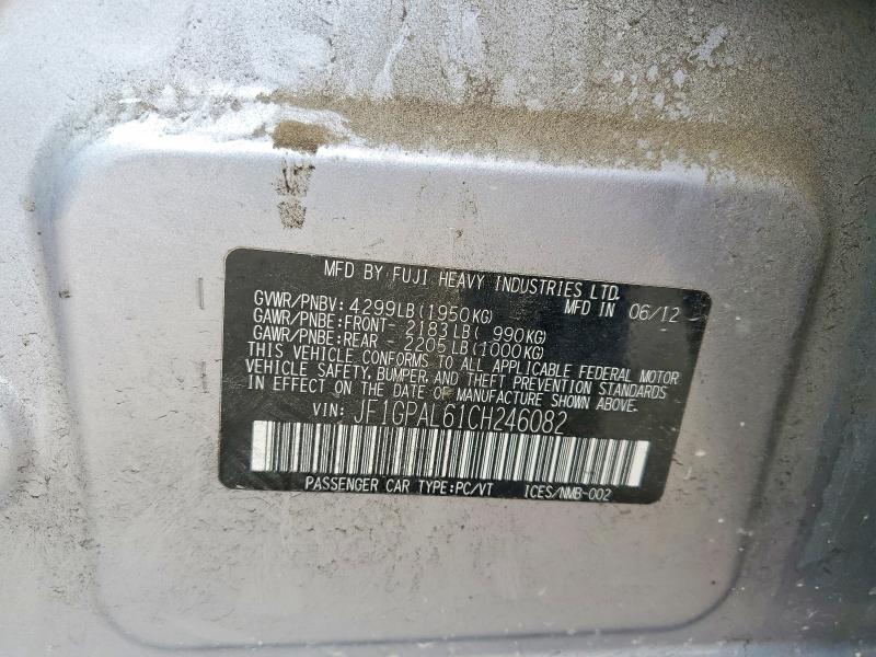 54423416 :رقم المزاد ، JF1GPAL61CH246082 vin ، 2012 Subaru Impreza مزاد بيع