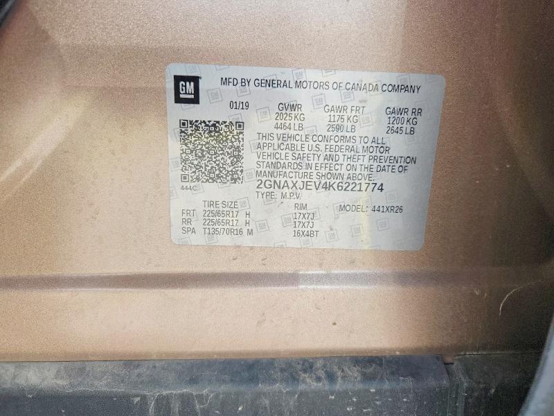 2019 Chevrolet Equinox მანქანა იყიდება აუქციონზე, vin: 2GNAXJEV4K6221774, აუქციონის ნომერი: 52956216