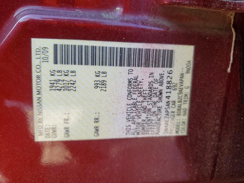 52227076 :رقم المزاد ، 1N4AL2AP5AN418826 vin ، 2010 Nissan Altima مزاد بيع