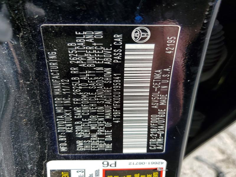 Продажа на аукционе авто 2012 Toyota Camry, vin: 4T1BF1FK0CU195841, номер лота: 52872656