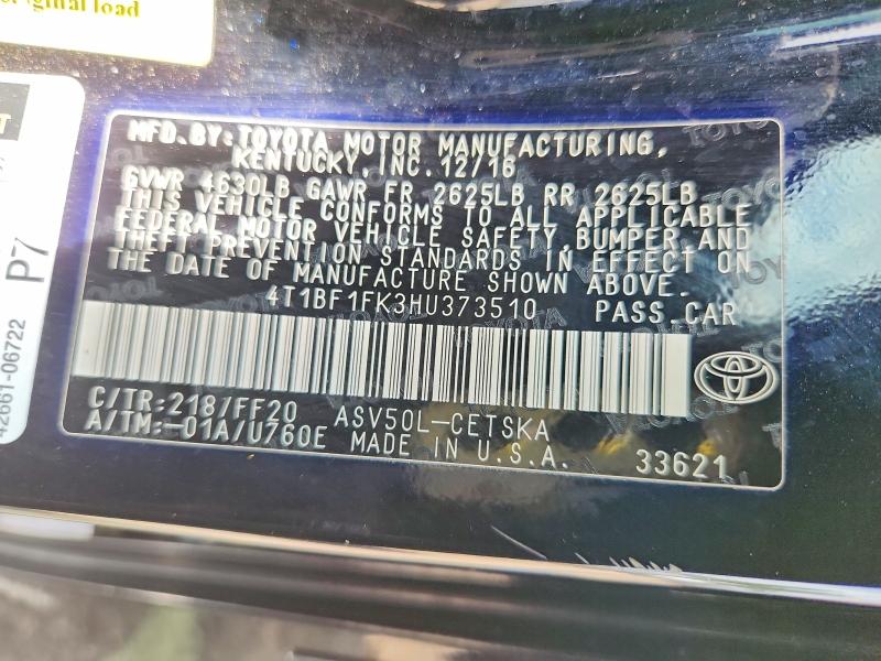 Aukcja sprzedaży 2017 Toyota Camry, vin: 4T1BF1FK3HU373510, numer aukcji: 54527586