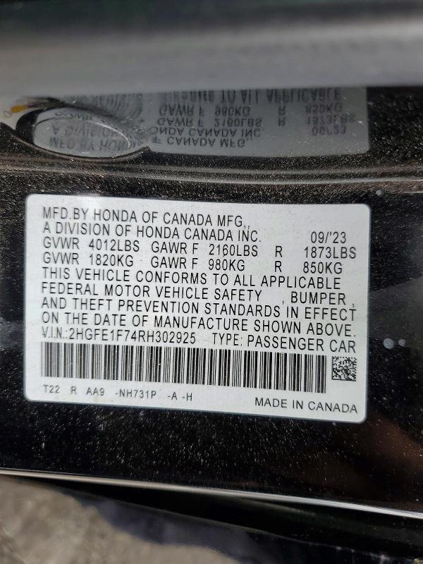 54697086 :رقم المزاد ، 2HGFE1F74RH302925 vin ، 2024 Honda Civic مزاد بيع