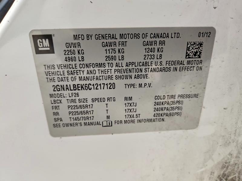 52429416 :رقم المزاد ، 2GNALBEK6C1217120 vin ، 2012 Chevrolet Equinox مزاد بيع