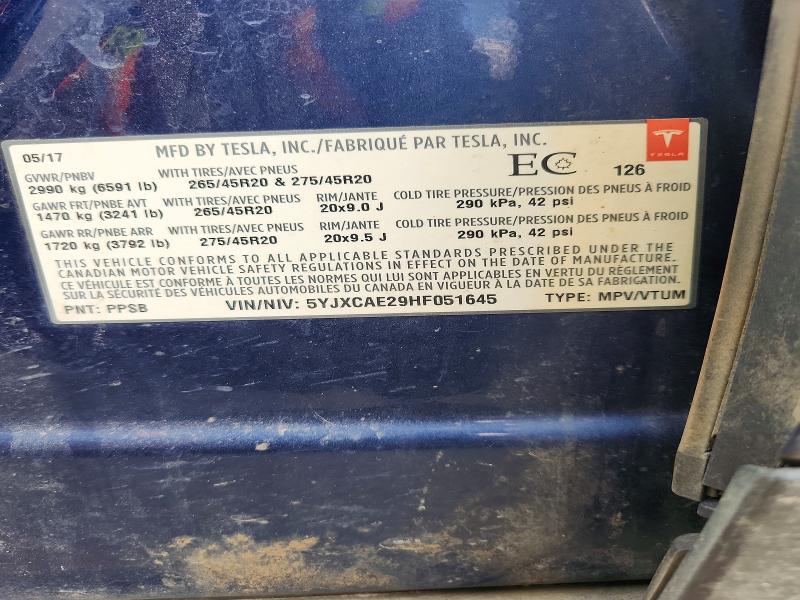51708006 :رقم المزاد ، 5YJXCAE29HF051645 vin ، 2017 Tesla Model X مزاد بيع