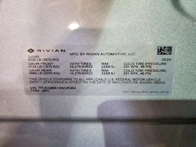 Продаж на аукціоні авто 2025 Rivian R1s, vin: 7PDSGBBA1SN045484, номер лоту: 53431586
