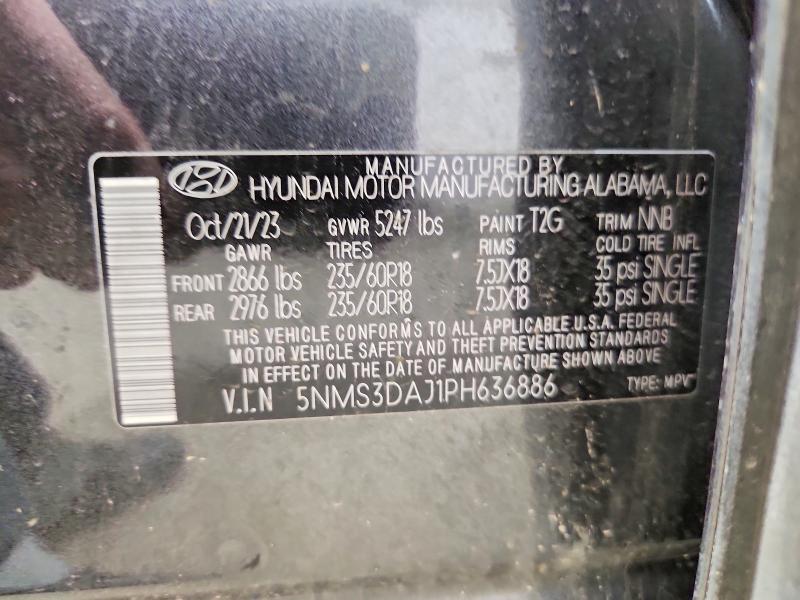 2023 Hyundai Santa Fe მანქანა იყიდება აუქციონზე, vin: 5NMS3DAJ1PH636886, აუქციონის ნომერი: 54429466