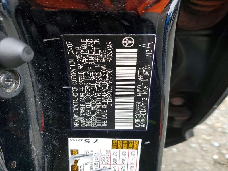 Aukcja sprzedaży 2007 Toyota Prius, vin: JTDKB20U077637070, numer aukcji: 53384186