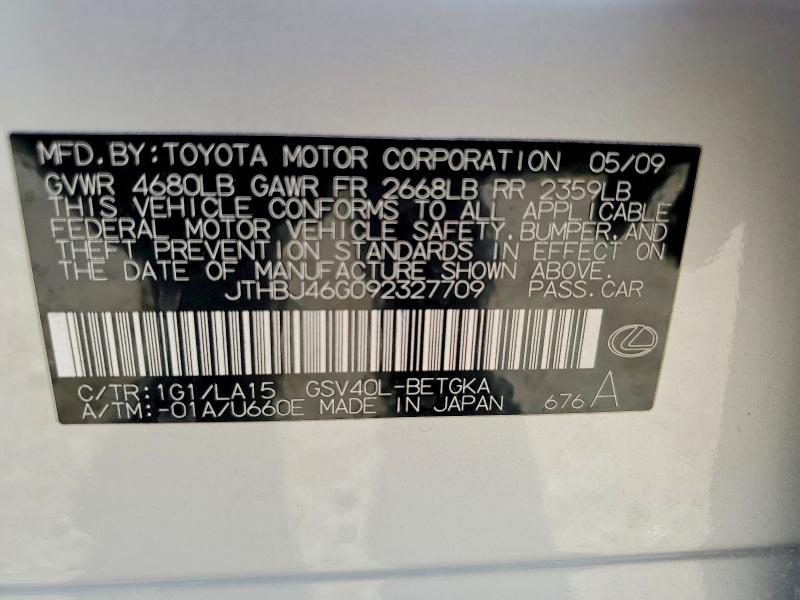 53420356 :رقم المزاد ، JTHBJ46G092327709 vin ، 2009 Lexus Es مزاد بيع
