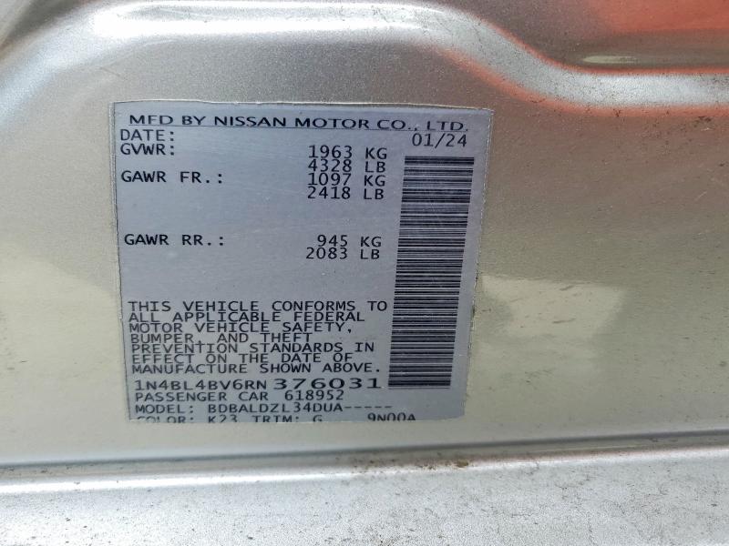 2024 Nissan Altima მანქანა იყიდება აუქციონზე, vin: 1N4BL4BV6RN376031, აუქციონის ნომერი: 52834476