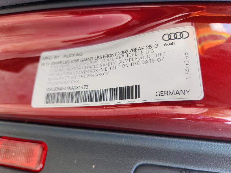 52806156 :رقم المزاد ، WAUENAF44KA081473 vin ، 2019 Audi A4 مزاد بيع