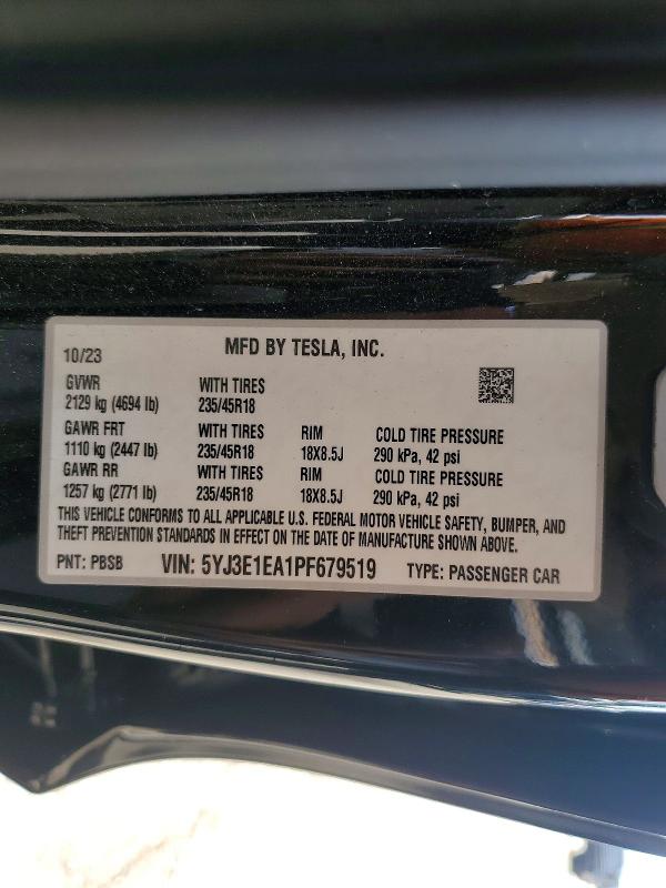2023 Tesla Model 3 მანქანა იყიდება აუქციონზე, vin: 5YJ3E1EA1PF679519, აუქციონის ნომერი: 52690516