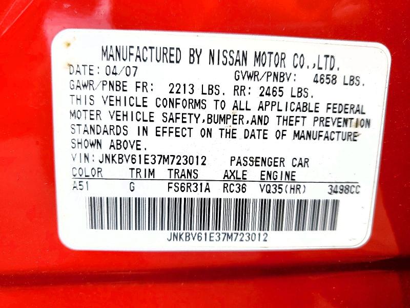 Aukcja sprzedaży 2007 Infiniti G35, vin: JNKBV61E37M723012, numer aukcji: 52265916