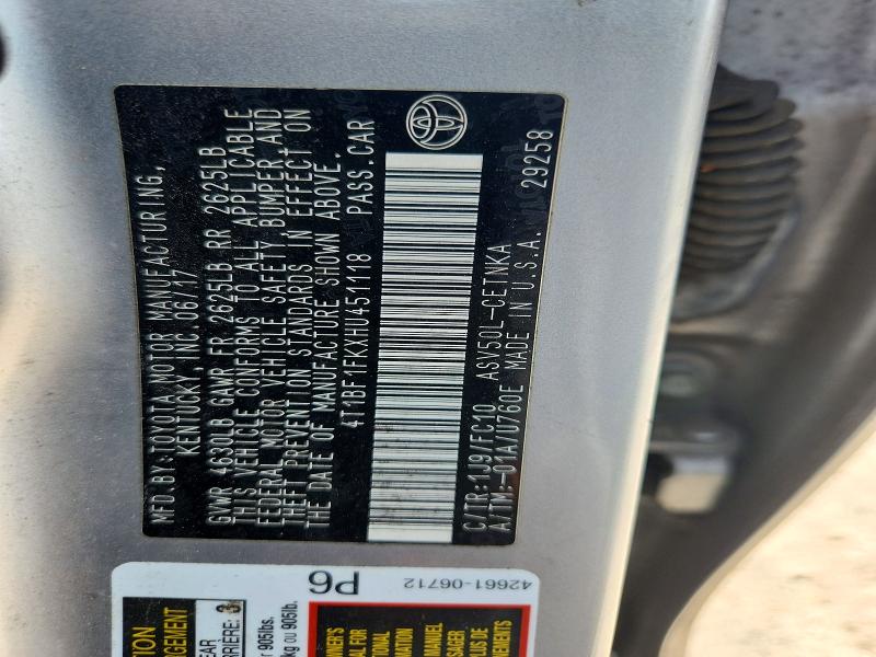 Aukcja sprzedaży 2017 Toyota Camry, vin: 4T1BF1FKXHU451118, numer aukcji: 54762296