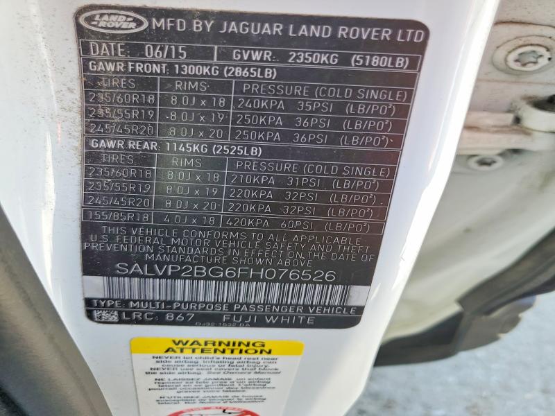 Продаж на аукціоні авто 2015 Land Rover Range Rover Evoque, vin: SALVP2BG6FH076526, номер лоту: 54068666