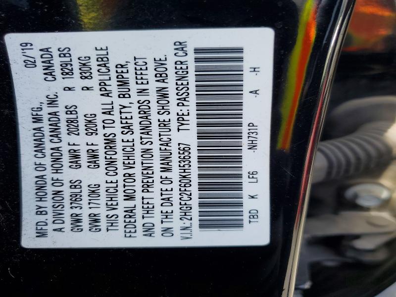 Продаж на аукціоні авто 2019 Honda Civic, vin: 2HGFC2F60KH536567, номер лоту: 53214986