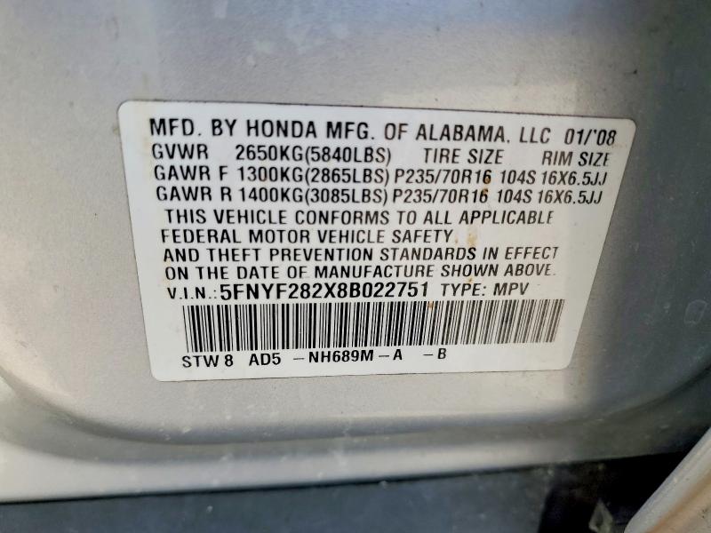 2008 Honda Pilot მანქანა იყიდება აუქციონზე, vin: 5FNYF282X8B022751, აუქციონის ნომერი: 52521396