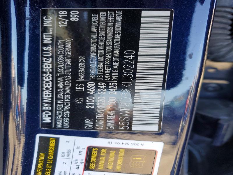 52951856 :رقم المزاد ، 55SWF8DB8KU302240 vin ، 2019 Mercedes-benz C مزاد بيع