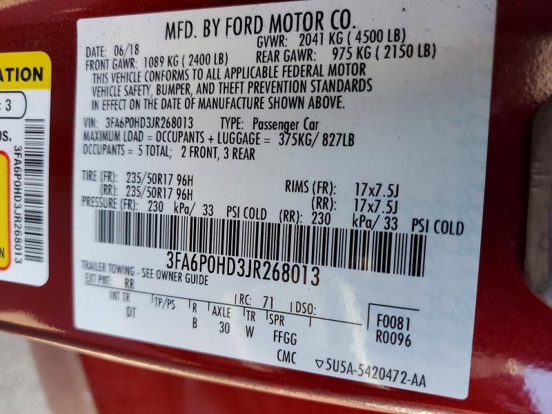 55401236 :رقم المزاد ، 3FA6P0HD3JR268013 vin ، 2018 Ford Fusion مزاد بيع