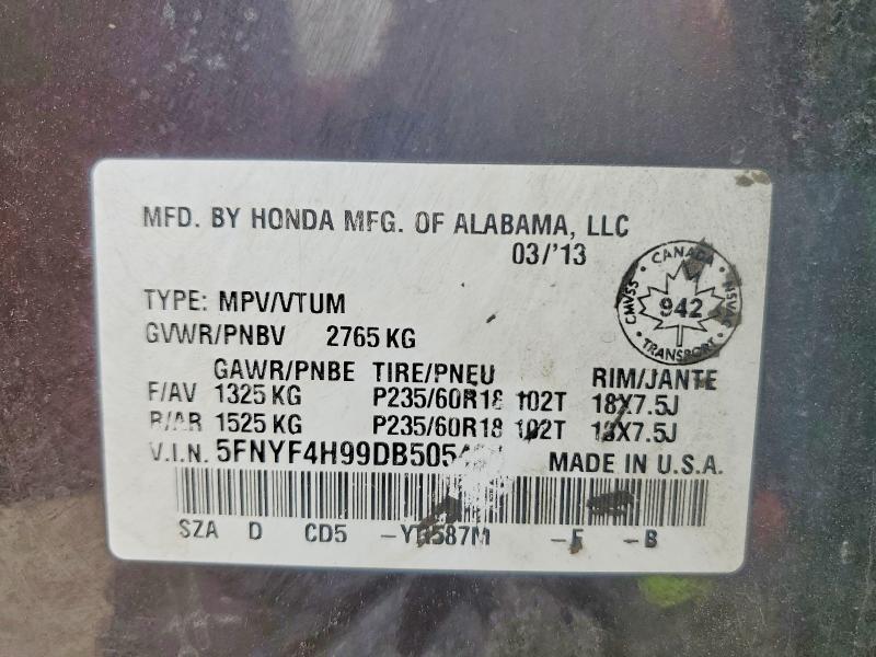 2013 Honda Pilot მანქანა იყიდება აუქციონზე, vin: 5FNYF4H99DB505439, აუქციონის ნომერი: 52805236