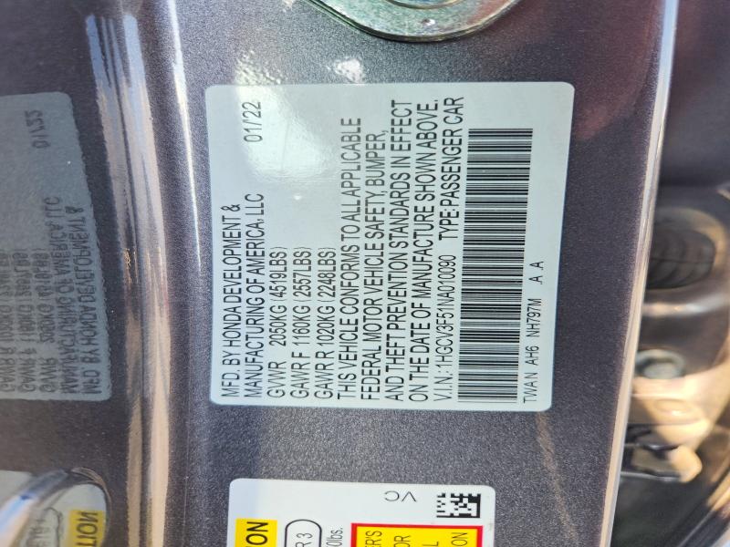 Продажа на аукционе авто 2022 Honda Accord, vin: 1HGCV3F51NA010090, номер лота: 54634336