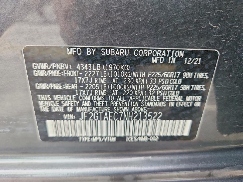 Aukcja sprzedaży 2022 Subaru Crosstrek, vin: JF2GTAEC7NH213522, numer aukcji: 54531756