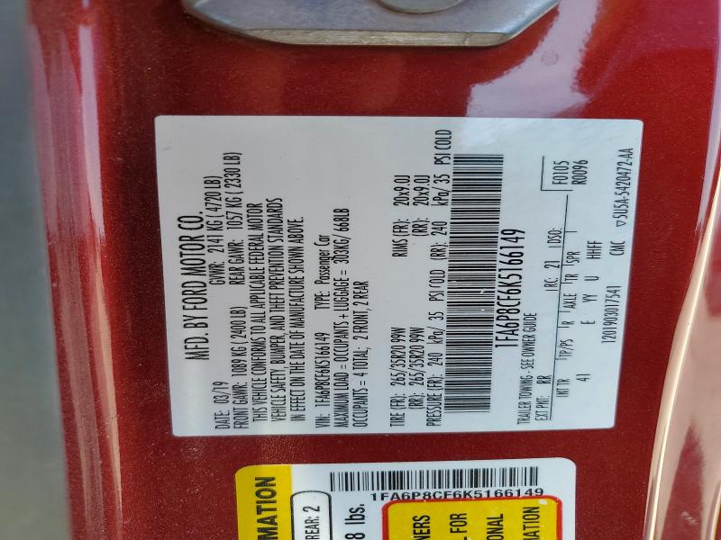 2019 Ford Mustang მანქანა იყიდება აუქციონზე, vin: 1FA6P8CF6K5166149, აუქციონის ნომერი: 53629476