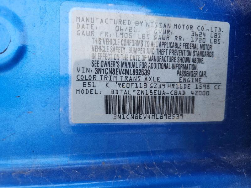 Продажа на аукционе авто 2021 Nissan Versa, vin: 3N1CN8EV4ML892539, номер лота: 52946036