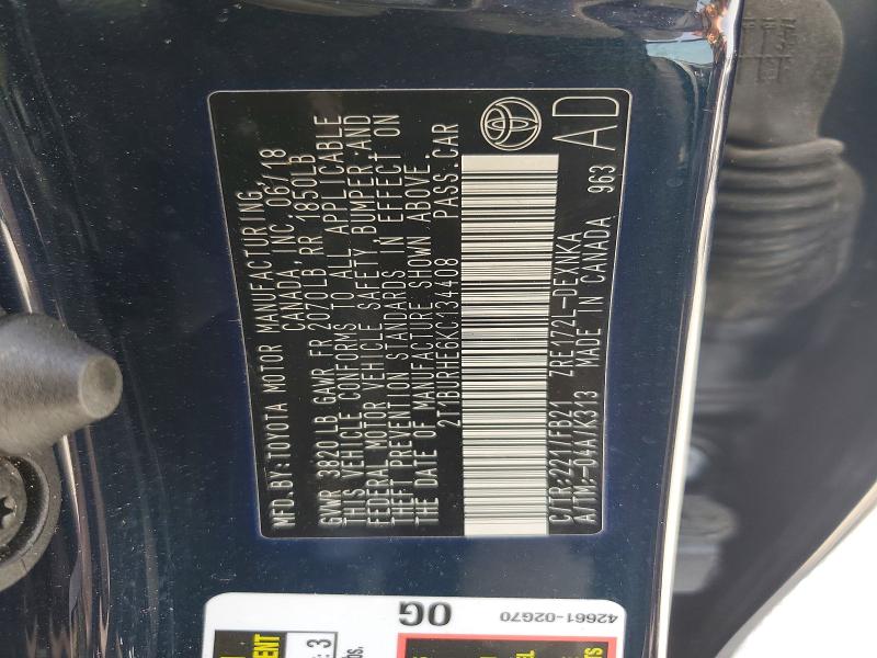 51947106 :رقم المزاد ، 2T1BURHE6KC134408 vin ، 2019 Toyota Corolla مزاد بيع