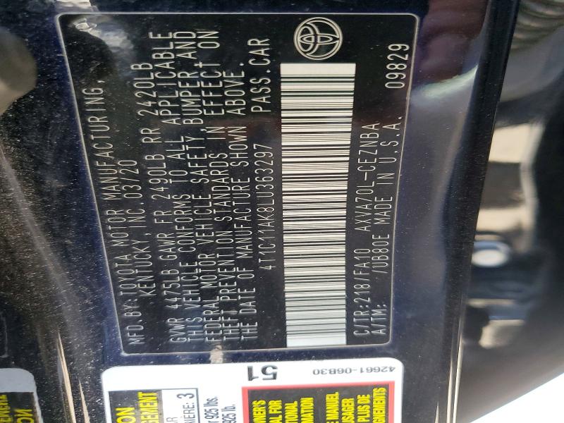 2020 Toyota Camry მანქანა იყიდება აუქციონზე, vin: 4T1C11AK8LU363297, აუქციონის ნომერი: 53935416