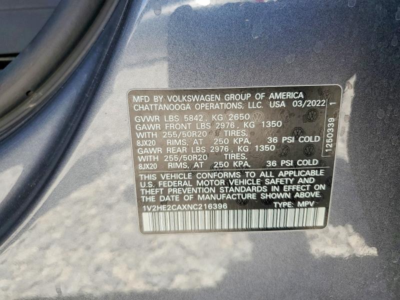 53891826 :رقم المزاد ، 1V2HE2CAXNC216396 vin ، 2022 Volkswagen Atlas Cross Sport مزاد بيع