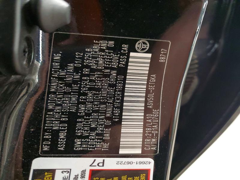 Aukcja sprzedaży 2012 Toyota Camry, vin: 4T4BF1FK3CR188310, numer aukcji: 53356346
