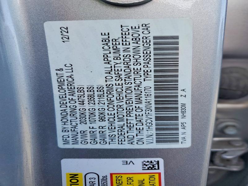 2022 Honda Accord მანქანა იყიდება აუქციონზე, vin: 1HGCV1F3XNA116170, აუქციონის ნომერი: 52172336