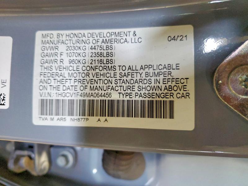 54229646 :رقم المزاد ، 1HGCV1F49MA064456 vin ، 2021 Honda Accord مزاد بيع