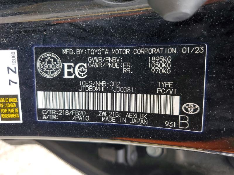 2023 Toyota Corolla Hybrid მანქანა იყიდება აუქციონზე, vin: JTDBDMHE1PJ000811, აუქციონის ნომერი: 53229476