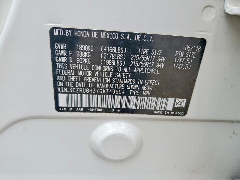 52317936 :رقم المزاد ، 3CZRU6H37GM749604 vin ، 2016 Honda Hr-v مزاد بيع