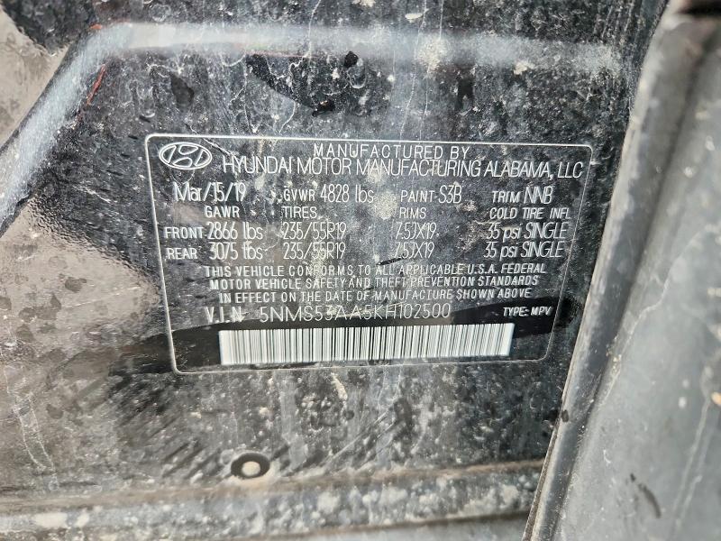 2019 Hyundai Santa Fe მანქანა იყიდება აუქციონზე, vin: 5NMS53AA5KH102500, აუქციონის ნომერი: 54313936