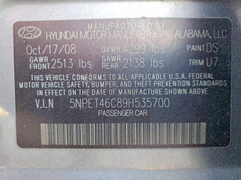 2009 Hyundai Sonata მანქანა იყიდება აუქციონზე, vin: 5NPET46C89H535700, აუქციონის ნომერი: 53426656