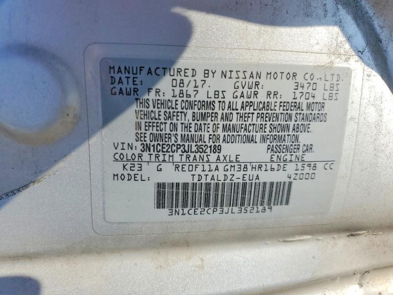 52823806 :رقم المزاد ، 3N1CE2CP3JL352189 vin ، 2018 Nissan Versa Note مزاد بيع