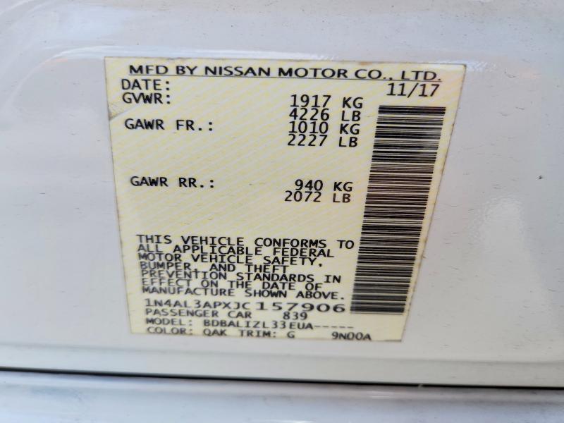 2018 Nissan Altima მანქანა იყიდება აუქციონზე, vin: 1N4AL3APXJC157906, აუქციონის ნომერი: 54352426